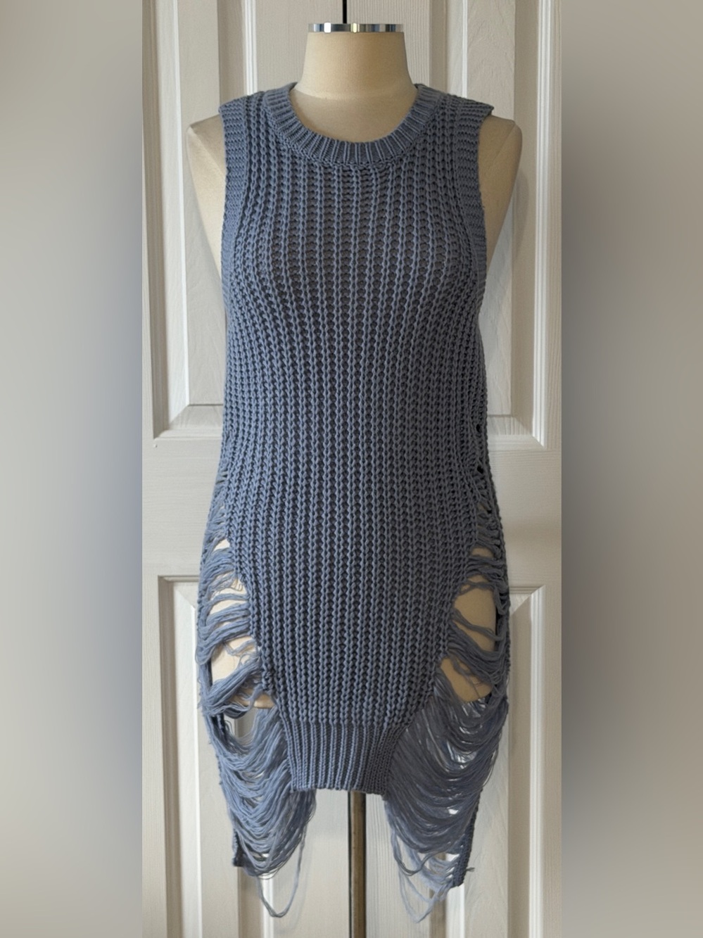 Kosmios Distressed Sleeveless Knit Tunic Sweater Blue Size Small Boho Grunge